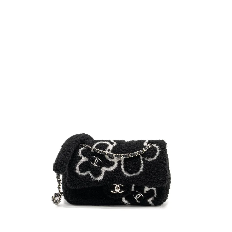 Chanel bags for university students on campusChanel 22A Fluffy Camellia Flap Bag Embroidered Shearling Lambskin Black / White SHW (Microchip)