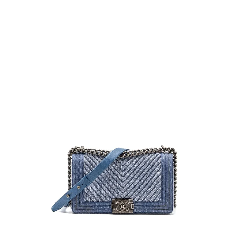 Chanel bags for karate practitionersChanel Medium Boy Bag Denim Blue Ruthenium Silver Hardware