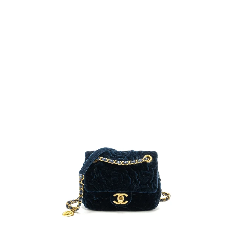 Chanel bags for urban bike ridesChanel Camellia Embossed Mini Square Flap Bag Velvet Navy GHW (microchip)