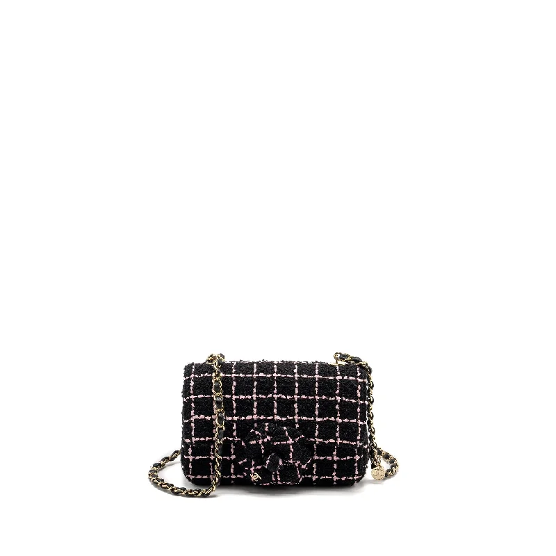 Chanel bags for yoga studio visitsChanel 23K Flower Bomb Mini Rectangular Flap Bag Tweed Black / Pink LGHW (Microchip)