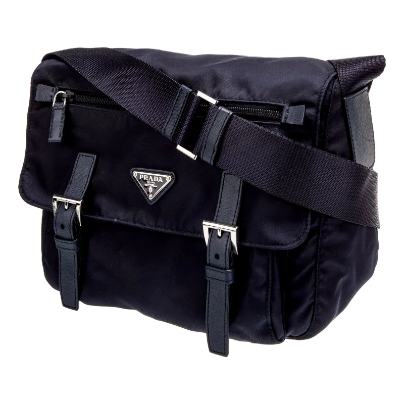 Prada Cleo Satin Clutch Bag with Crystal EmbellishmentsPrada Navy Blue Nylon and Saffiano Messenger Bag with Buckles