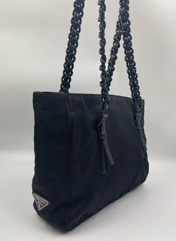 Prada Calfskin Tote with Contrast Stitching in BurgundyPrada Nylon Tote w Chain