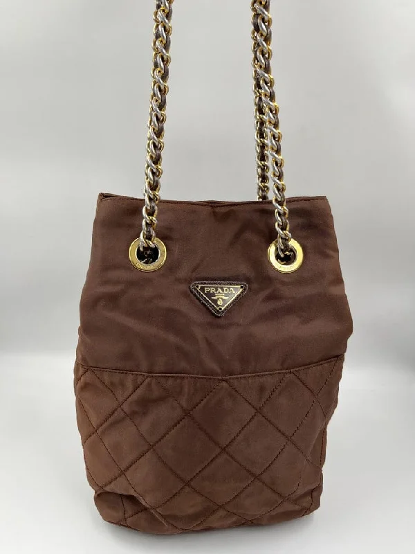 Prada Leather Bucket Bag in Chocolate Brown with StudsPrada Nylon Tote with Chain Handle - Brown