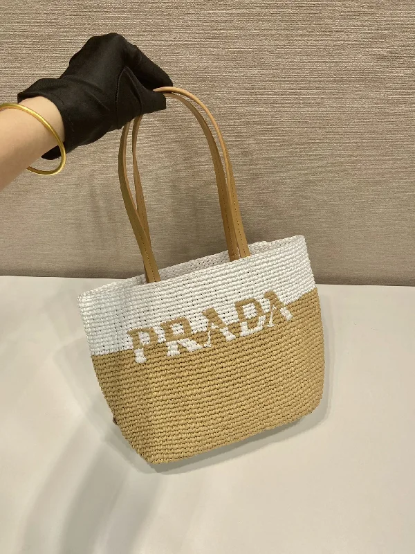 Prada Woven Leather and Nylon Bag in Tan and NavyBOLSA Prada TOTE CROCHÊ E COURO 23