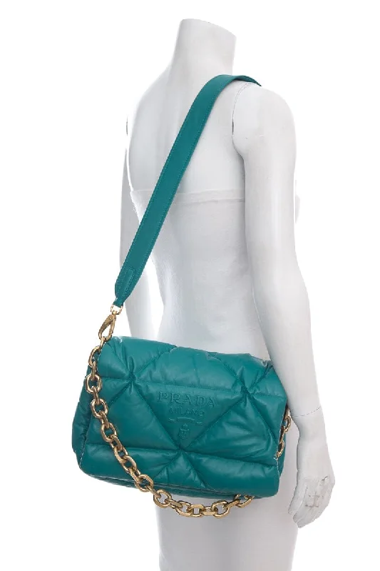 Prada Floral - Printed Canvas Bag in Pastel Colors for SpringPrada Teal Puffed Leather Patchwork Handbag with Gold Strap