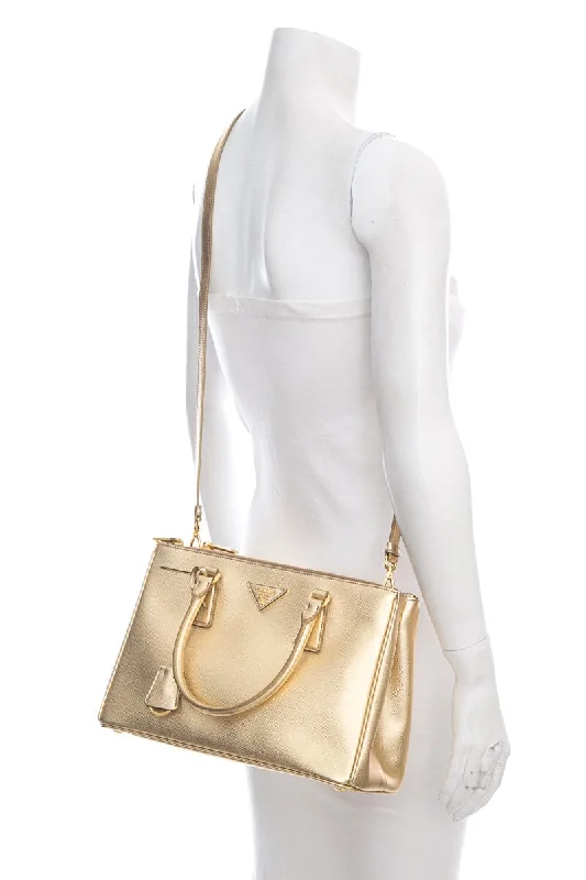 Prada Raffia Tote Bag in Natural Color for SummerPrada Gold Metallic Saffiano Leather Double Zip Handbag