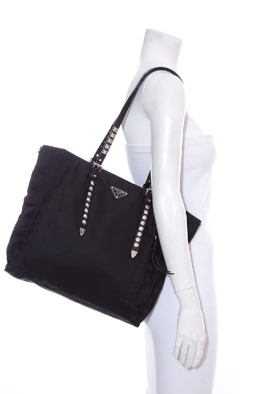 Prada Laser - Cut Leather Bag in Black with Intricate DesignPrada VELA Nylon Studded Tote